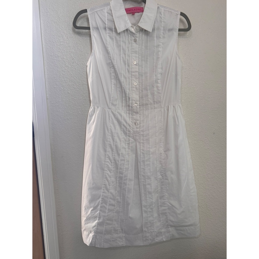 Sinclaire 10 Sleeveless Tuxedo Shirt Dress 6 White Pleated Cotton Button preppy - Picture 2 of 7